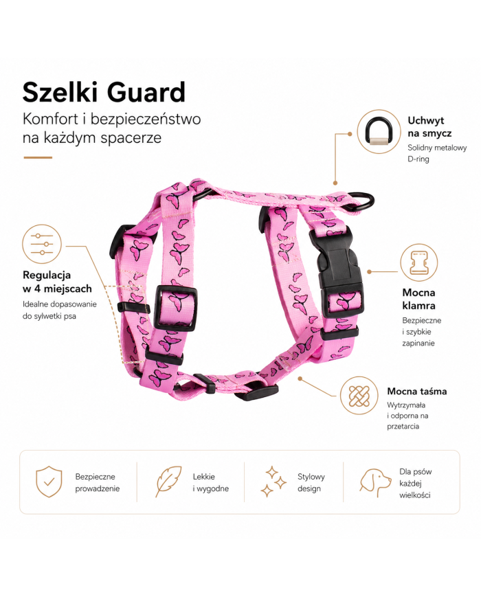Szelki dla psa typu guard Motylki różowe | PETZWELCOME