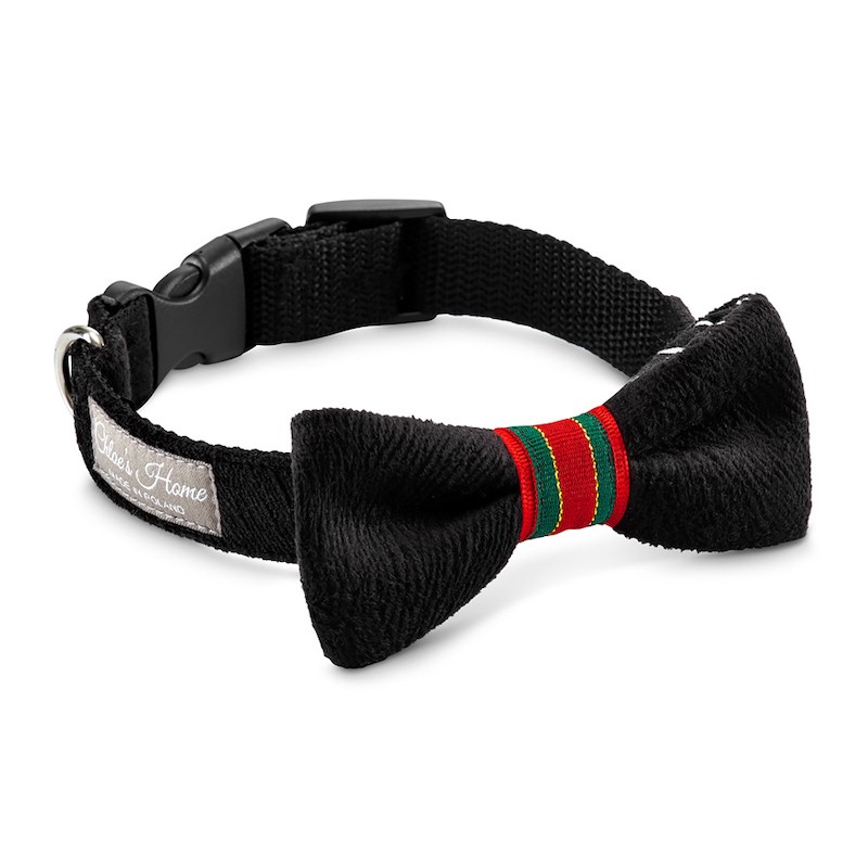 Stylish black bowtie with red and green ribbon Magnifique